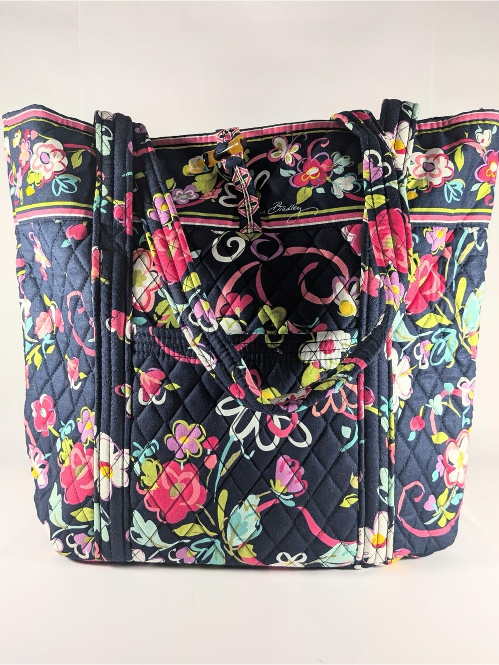 Vera Bradley Navy Floral Quilted Shoulder Tote with Pink & Yellow Accents